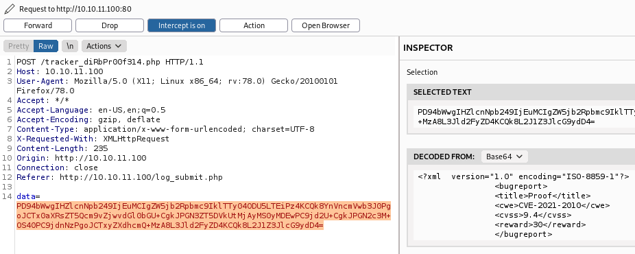 Petición interceptada del formulario del sistema de reportes