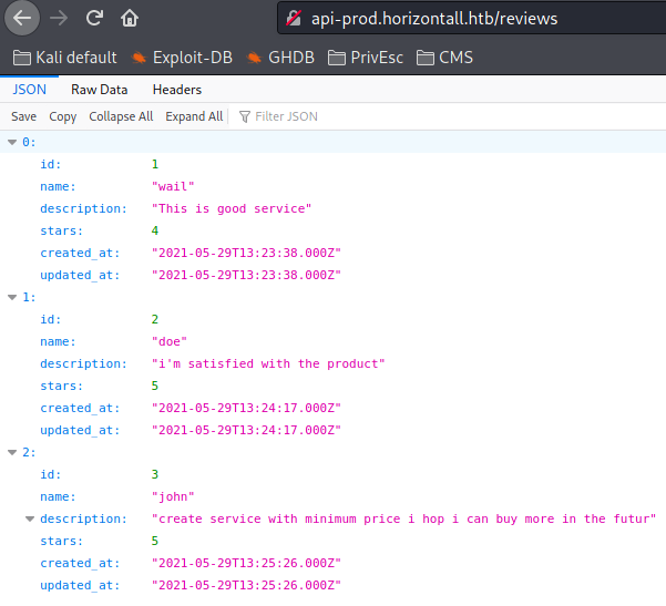 Página "reviews" del subdominio encontrado