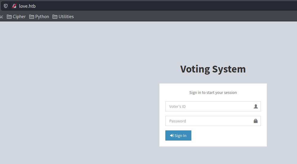 Página de login del dominio principal "love.htb"