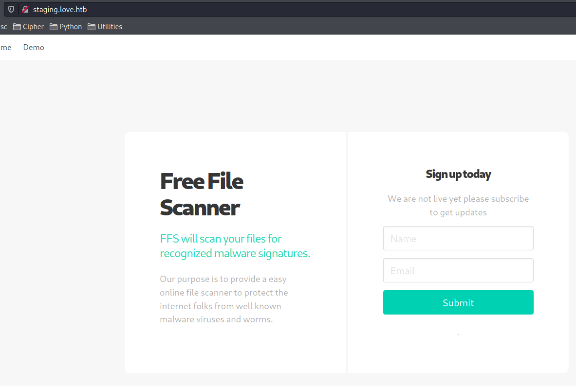 Página web del subdominio "staging.love.htb"