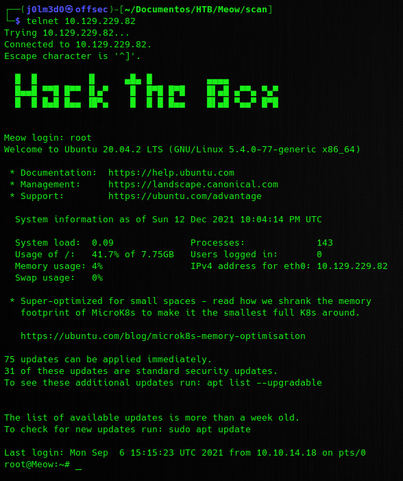Conexión por telnet a la máquina