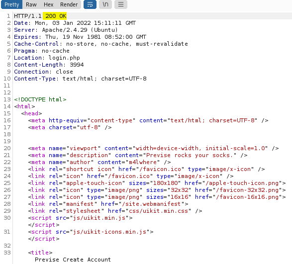 Respuesta del servidor web al acceder a la ruta "accounts"